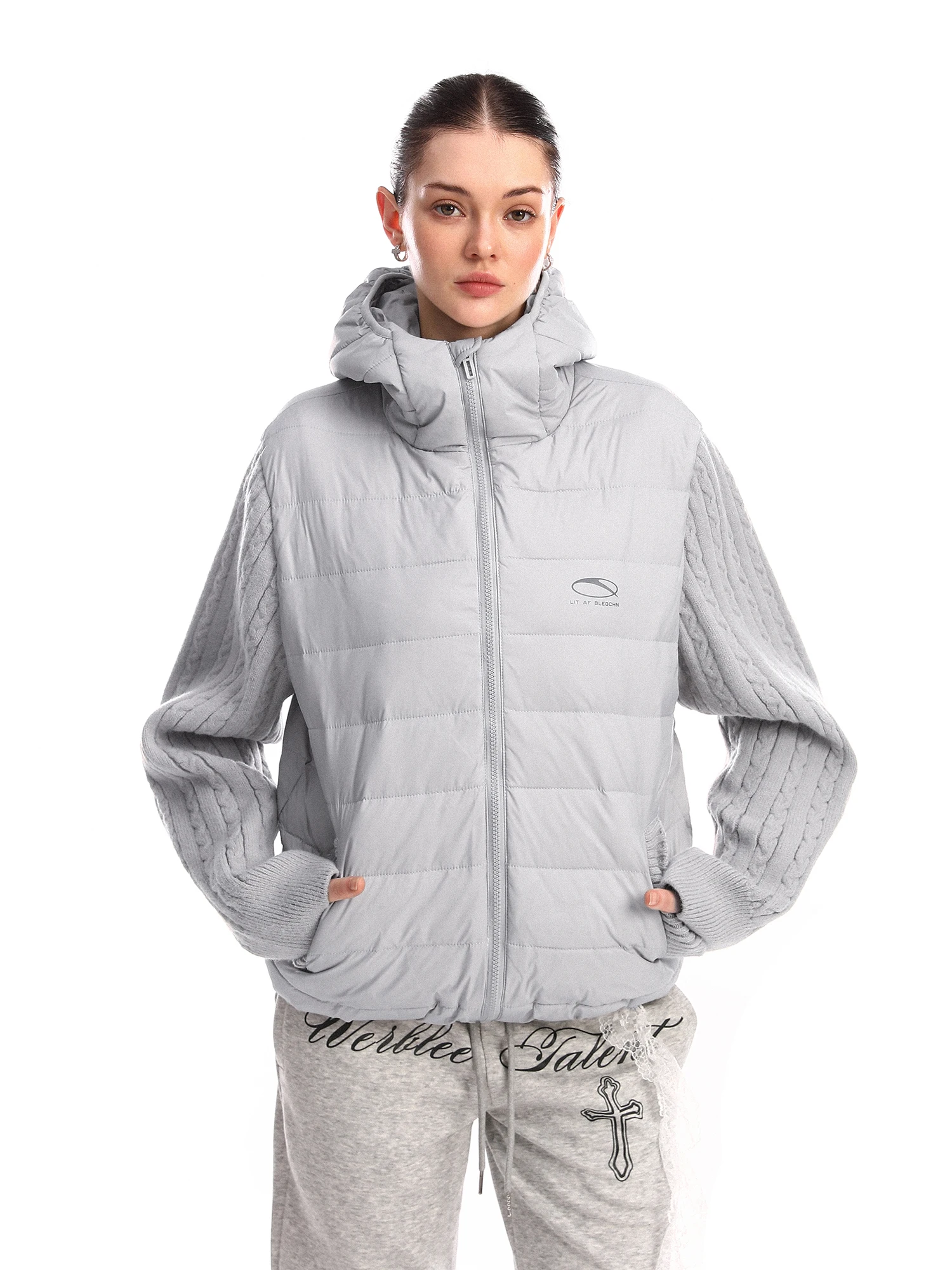 

Легкая теплая женская пуховая куртка с вязаными рукавами и капюшоном, белая, с наполнителем из утиного пуха, парная, хлопковая верхняя одежда в винтажном стиле