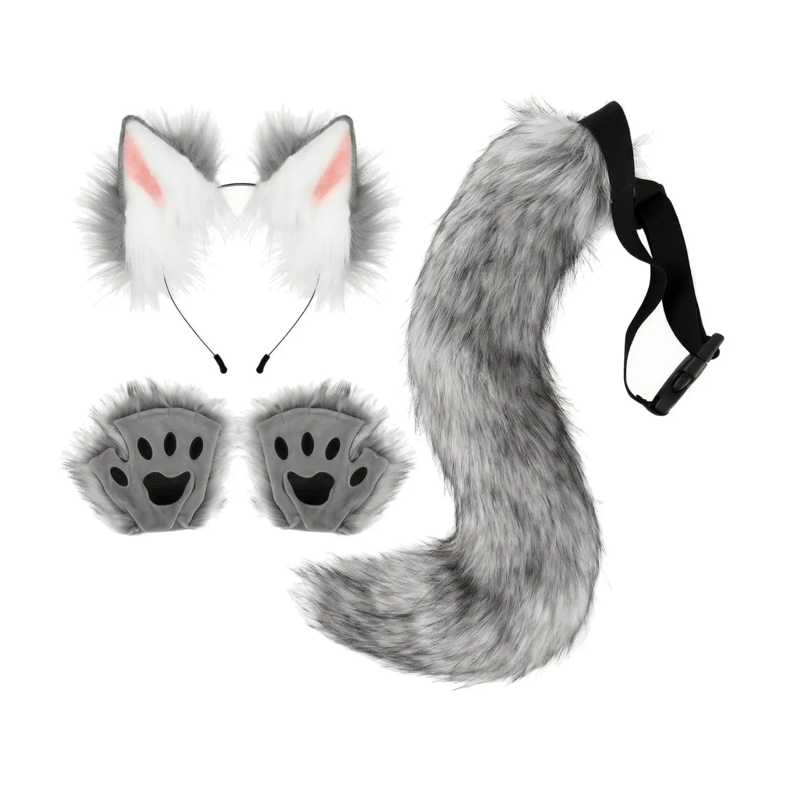 Soft Animal Costume Accessory Kit with Paw Gloves Soft Furry Animal Cosplay Set with Tail Adjustable Pointed Ear Headband and