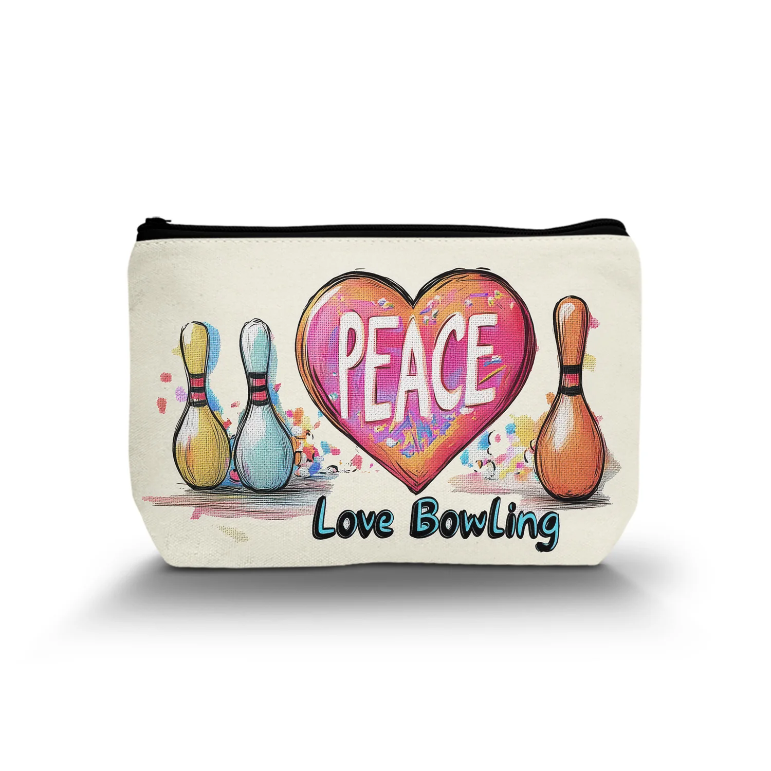 1Pc Bowling Lovers Gifts For Women Bowling Cosmetic Bag Peace Love Bowling Ball Gift Travel Makeup Bags 8.66X5.51Inch