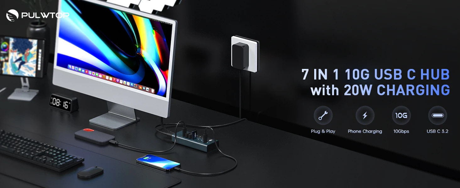 PULWTOP 10Gbps USB-Adapter Unterstützt Datenübertragung & Laden (Video nicht unterstützt), USB-Hub 10Gbps Anschlüsse für iMac, MacBook Pro/Air, iPad, XPS – Detail 1