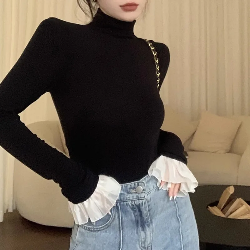 

Black High Collar Long Sleeve Base Shirt Women's T-shirt Autumn Winter New Style Slimming Inner Wear Commute Style Top