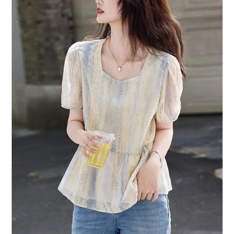 Women Square Neck Puff Sleeve Lace Blouse Gradient Striped Loose Slim Sweet Summer Short Sleeve Tops