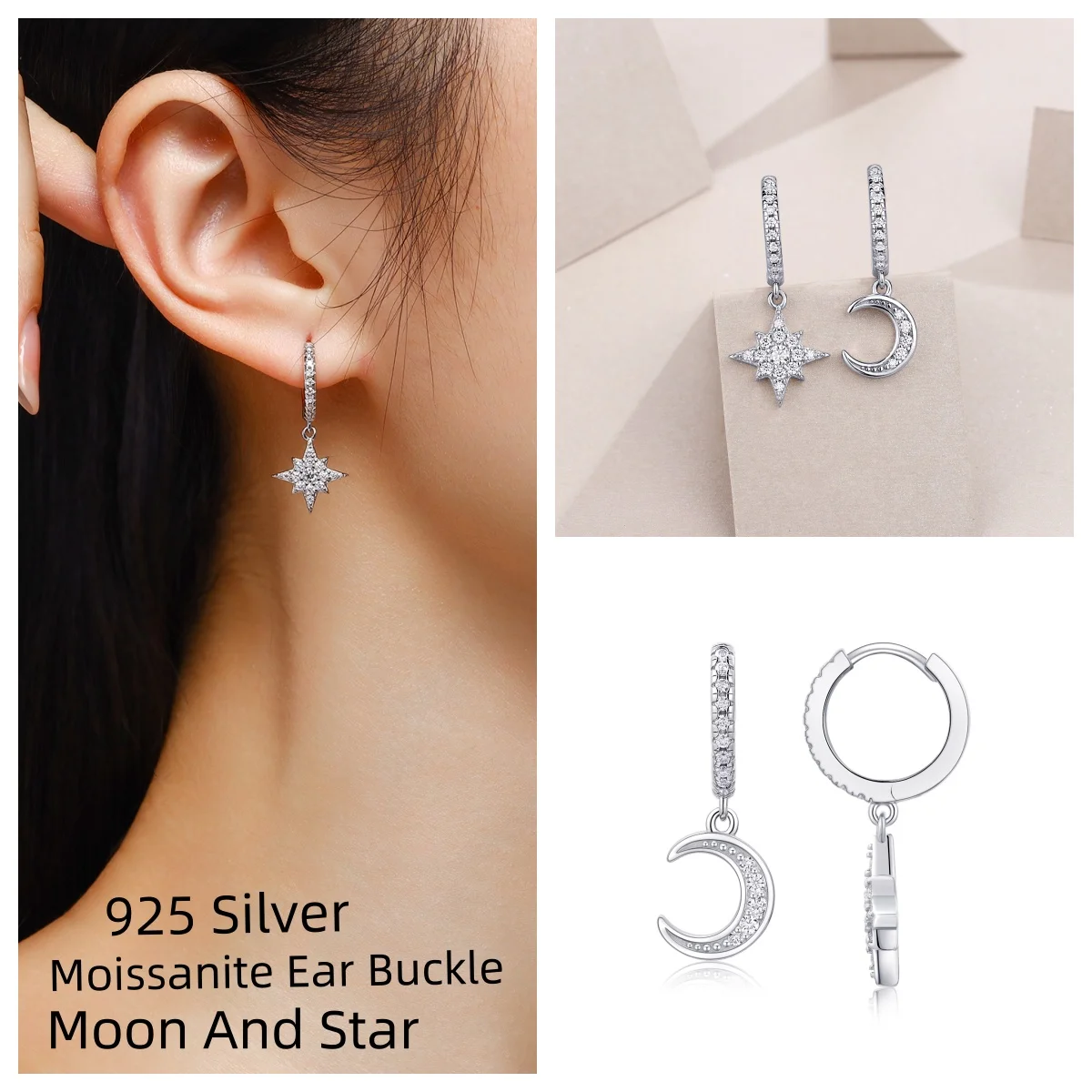 

Moissanite Ear Buckle Ear Jewelry Moon And Star Sterling 925 Silver For Women Gifts