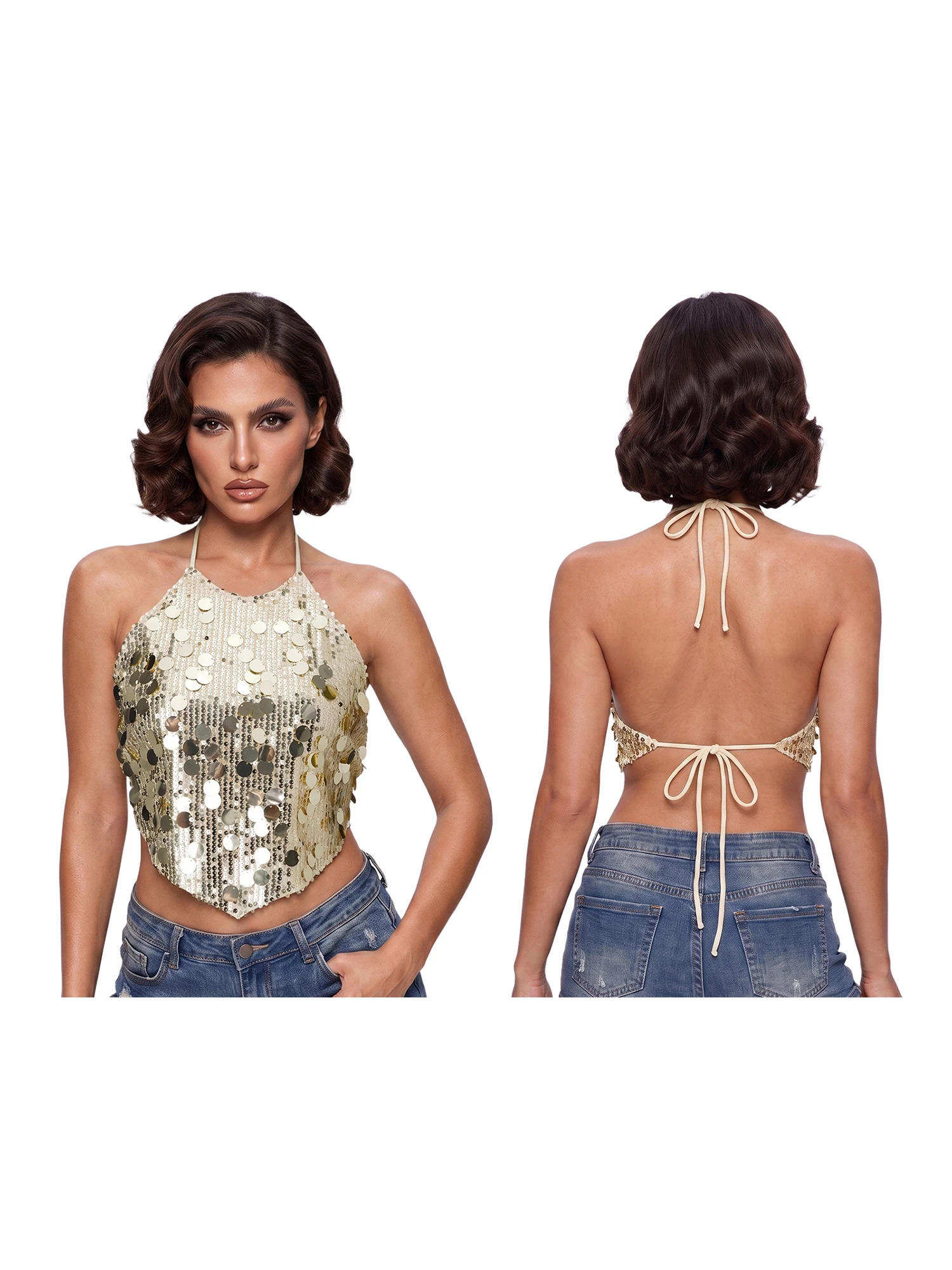 Damen Einfarbige Pailletten-Neckholder-Tops Sommer Rückenfreie Glitzernde Crop-Weste – Detail 6