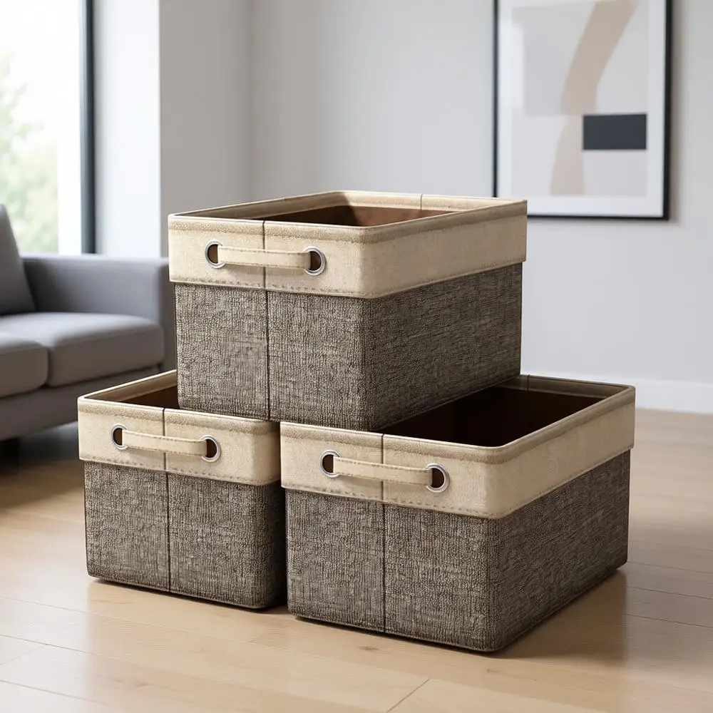 

15 Inch Collapsible Storage Cubes - Sturdy Baskets with Dual Handles for Home & Office Organization | 3 Pack Brown