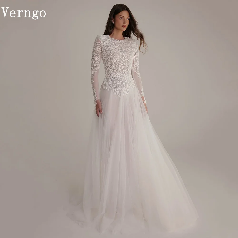 Verngo lvory Tulle Long Evening Dress Lace A Line Full Sleeves Prom Gowns  Modest Arabia Women's Formal Dress Customized