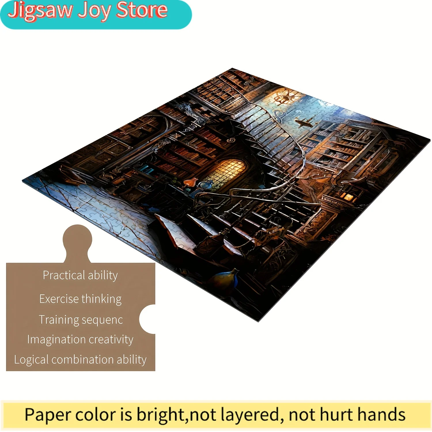 

1000pcs Wooden Jigsaw Puzzle for & Families - Literary Escape Library Theme with Intricate Bookshelf & Staircase Design, Inter