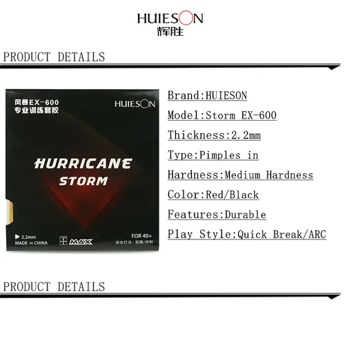 Imagen 2 del producto Huieson Hurricane Storm EX-600 Goma de tenis de mesa, espinillas en 2,2mm, ataque rápido, Ping Pong
