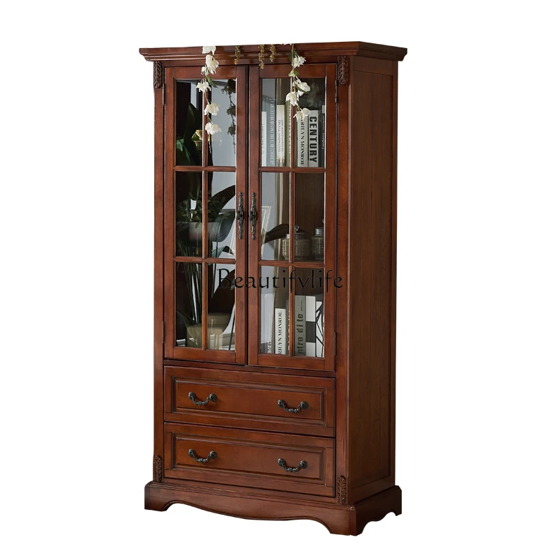 

American solid wood bookcase with glass door floor-to-ceiling small storage living room storage home combination cabinet display