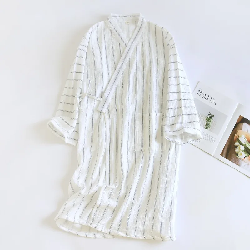 2026 Japanese Style New Spring And Autumn Men's Sleeping Robe 100% Cotton Crepe Striped Bathrobe Loose Home Clothes Sleepwear