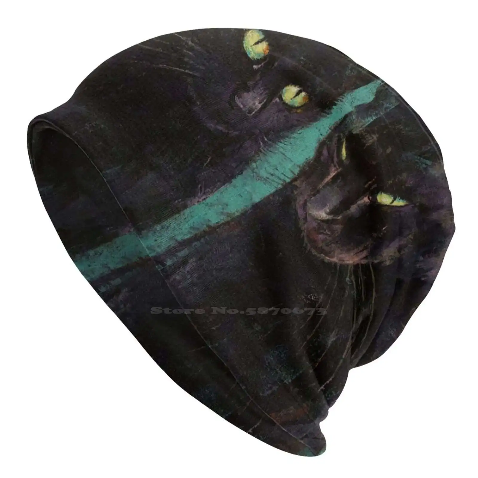 Two Black Cats Knitted Hat Warm Beanie Outdoor Caps Abstract Halloween Two Pair Black Cats Schwarze Katze Gato Negro Panthers