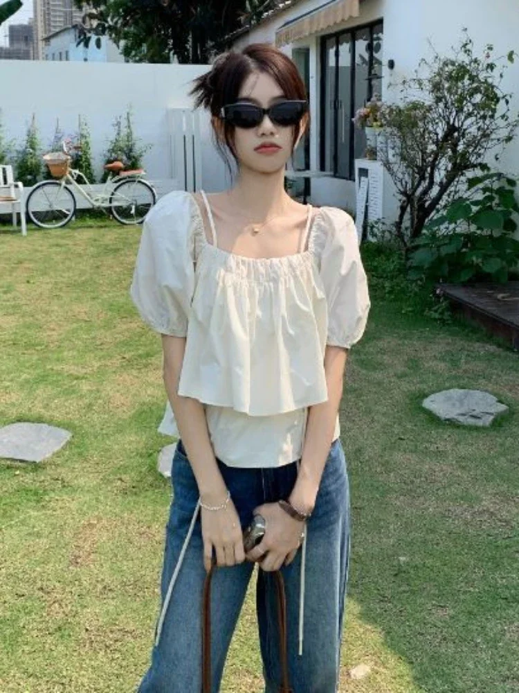 Square Collar Blouses Women Puff Sleeve Retro All-match Party Harajuku French Style Elegant Summer Casual Streetwear Hotsweet