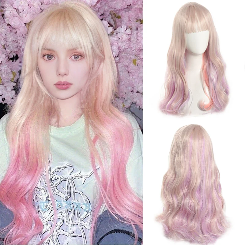 Peruca de cabeça para mulheres, Harajuku Lolita, cabelo longo encaracolado, puro e bonito, fibra sintética, fácil de usar