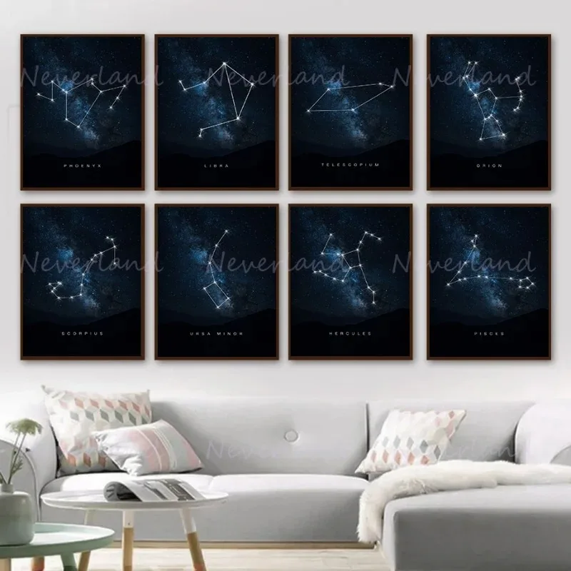 Cartoon Mysterious and Dreamy Space Constellations Maps Poster Print Canvas Painting Wall Art Picture Living Room Home Decor