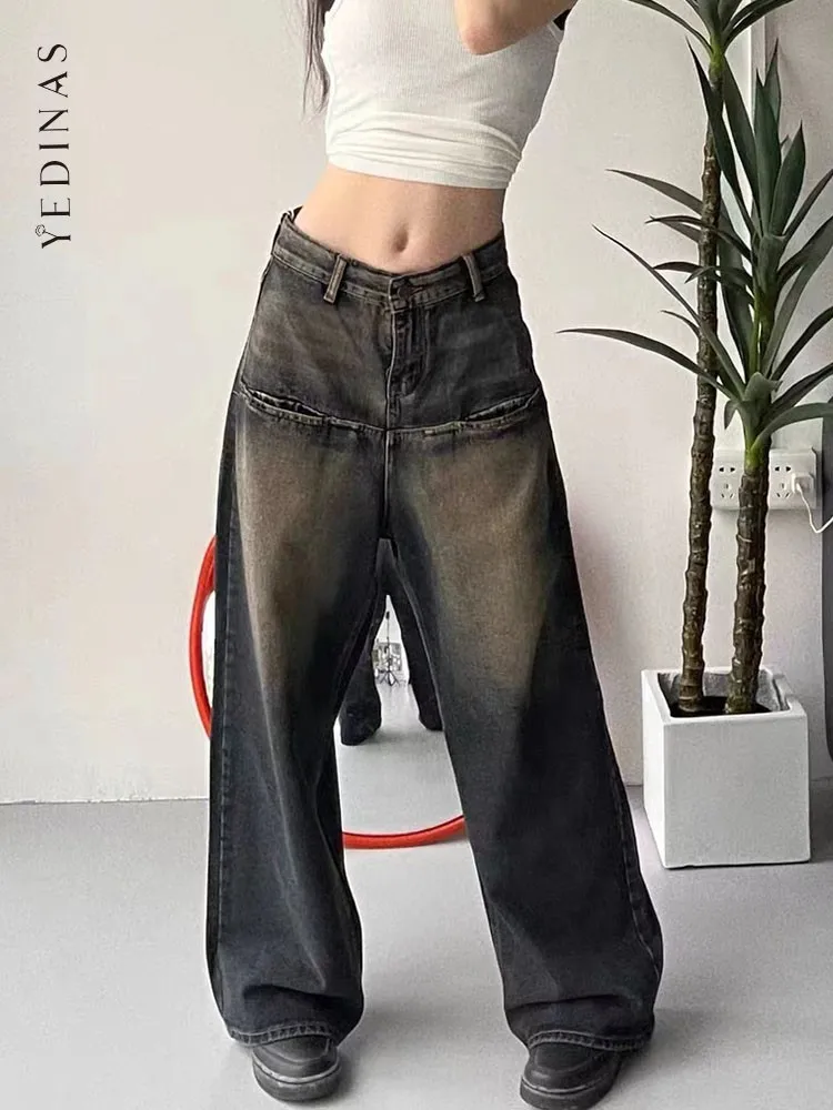 

Yedinas American Retro Baggy Boyfriend Jeans For Women Loose Wide Leg Pants Korean Fashion Vintage Denim Mom Jeans Women Chic