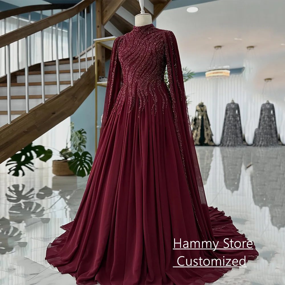 Bescheidenes Burgunder-Abendkleid, maßgeschneidert, lange Ärmel, Stehkragen, Pailletten, Hofschleppe, Chiffon, arabisches Abendkleid, Partykleider