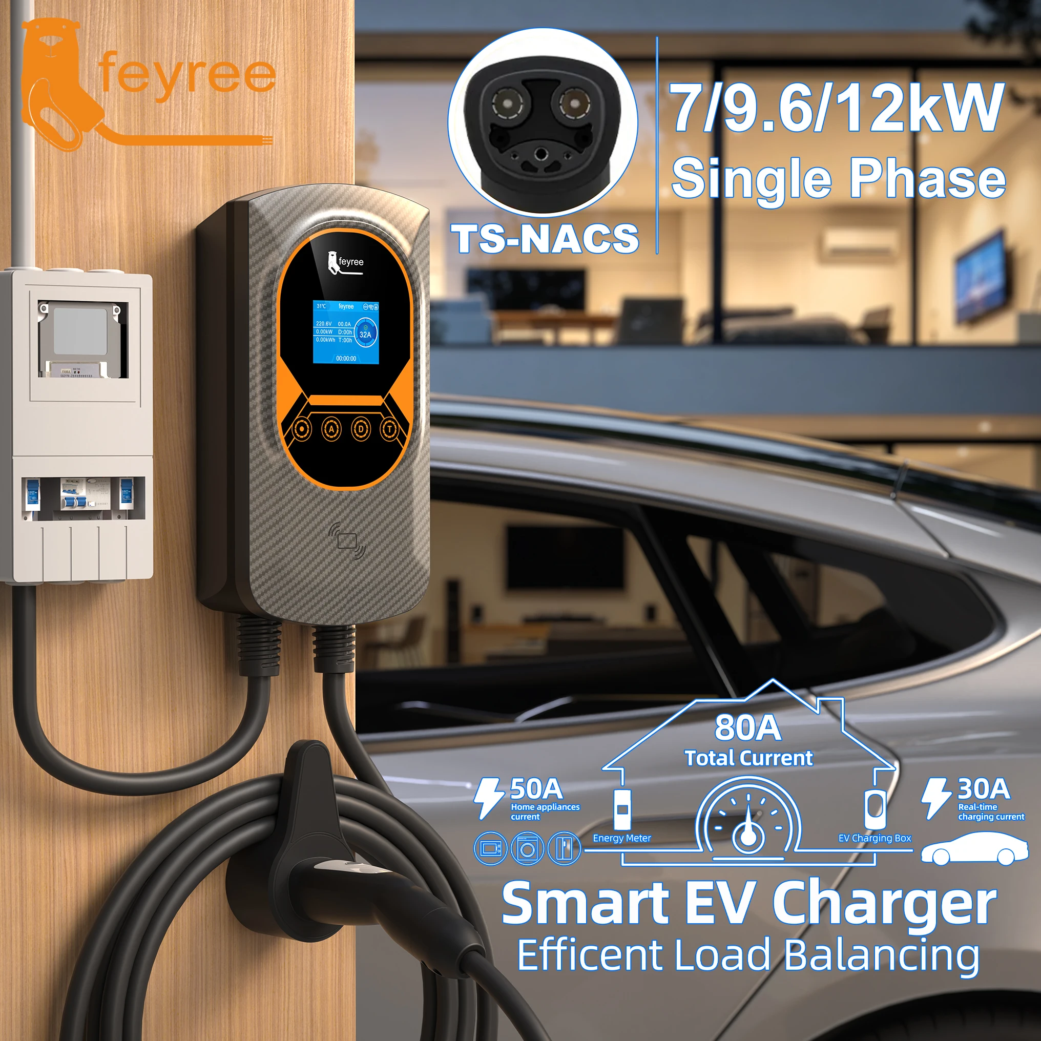 Cargador de Pared para Vehículos Eléctricos Feyree NACS Smart EV – 12kW / 50A Monofásico, Balanceo Dinámico de Carga, Control por Aplicación y Registro de Carga