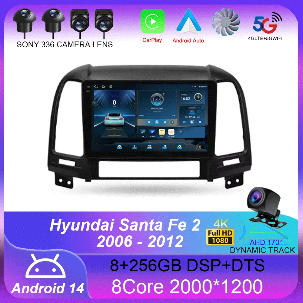 For Hyundai Santa Fe 2 2006 - 2012 Carplay Auto 4G+WIFI GPS Car Radio Navigation Multimedia Video Player Stereo BT Android 14 