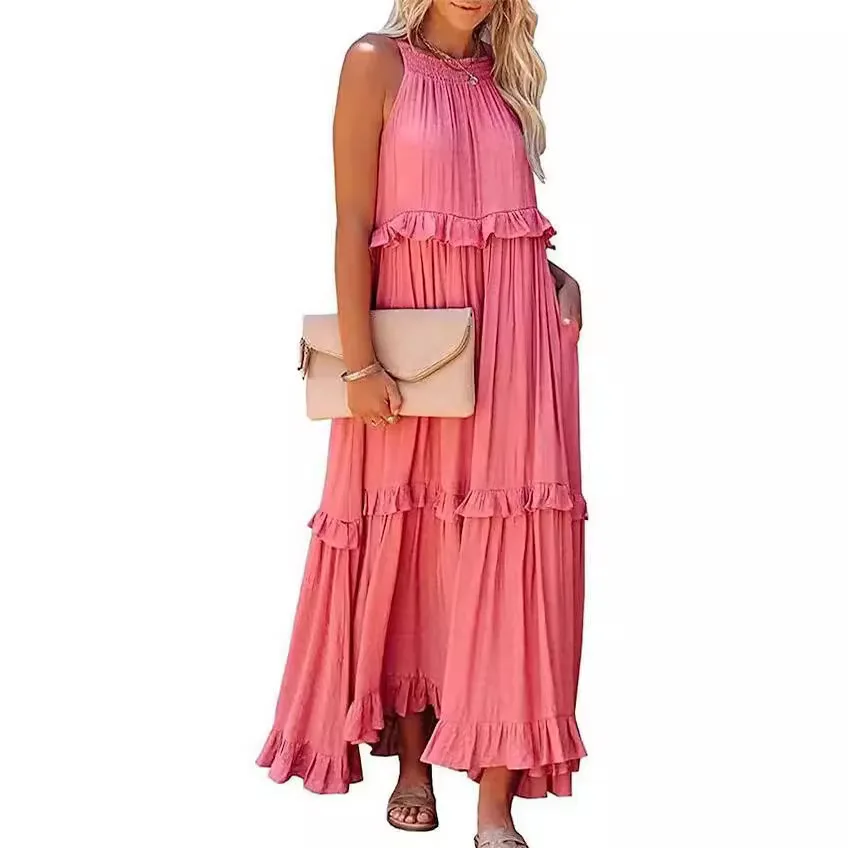 Women Summer Solid Boho Beach Maxi Dress O Neck Sleeveless Back Bow Tie Pocket Big Hem Ruffles Elegant Vacation Dresses Robes