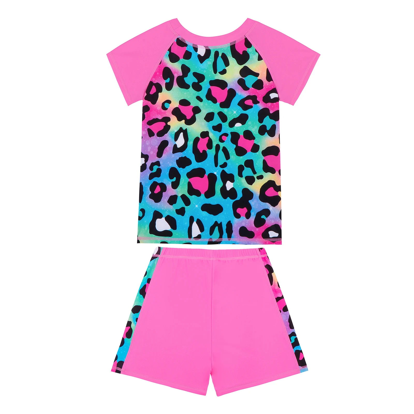 Bambini ragazze 2 pezzi costume da bagno manica corta costume da bagno e pantaloncini stampa leopardata costumi da bagno Rash Guard Pool Beach costume da bagno abbigliamento sportivo