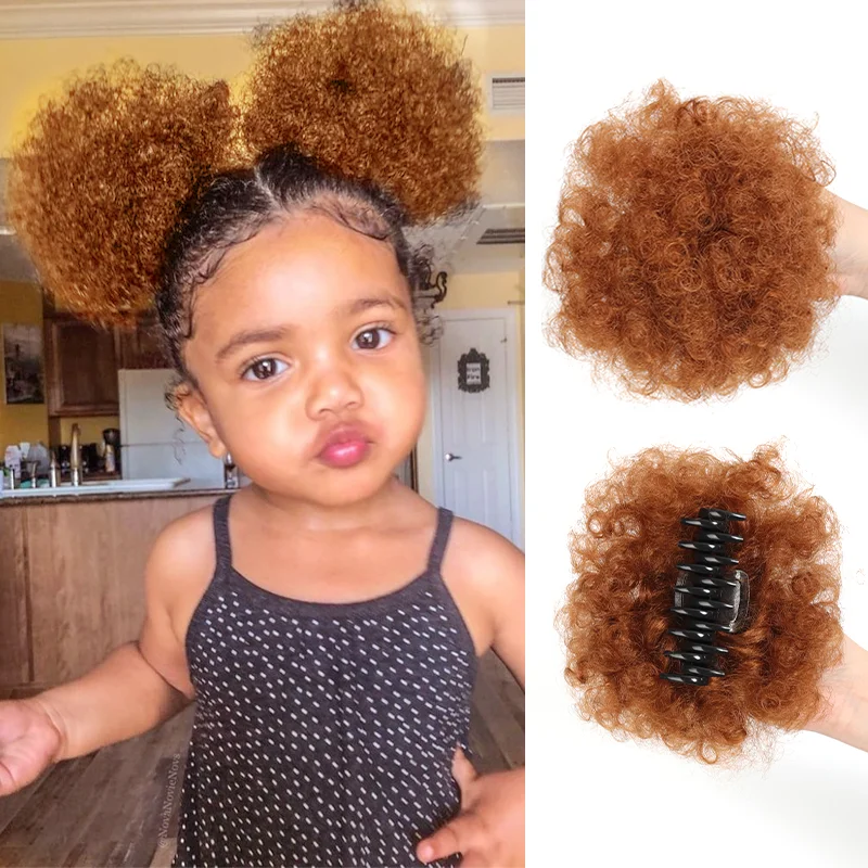 

4-дюймовый афро-пуховый зажим для наращивания волос в пучке для девочек, детей, черных женщин, синтетические пучки для волос, странные вьющиеся волосы, пончик, шиньон