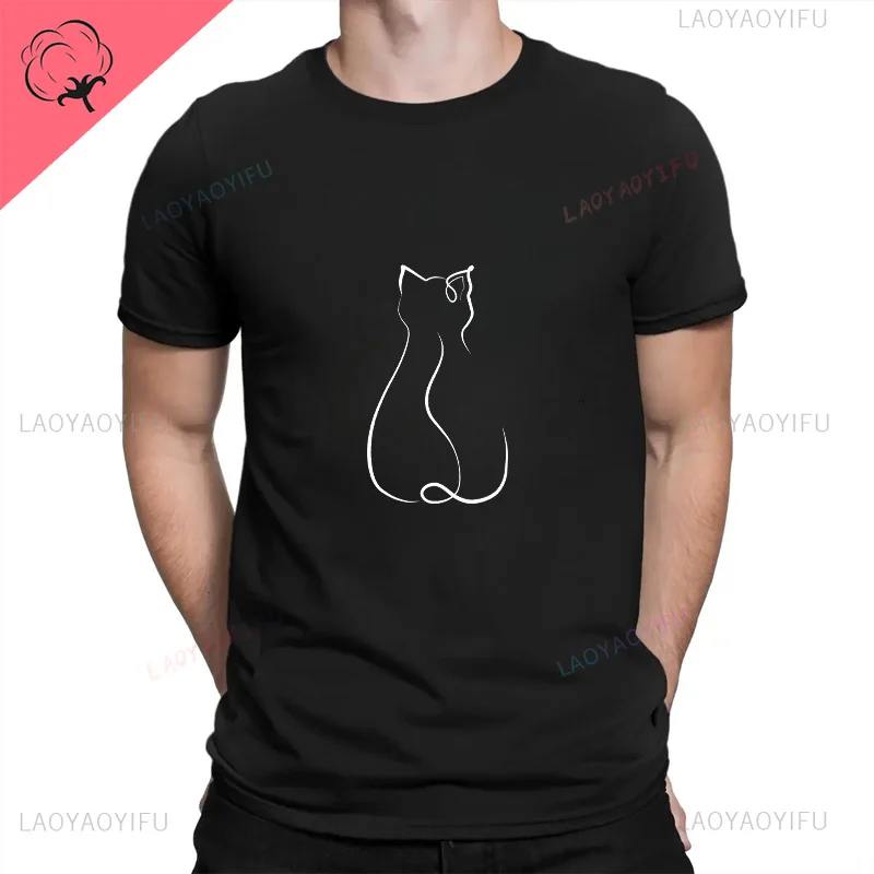 

2024 Summer Harajuku Fashion Street wear casual cat line print for men and women universal round neck short-sleeved T-shirt