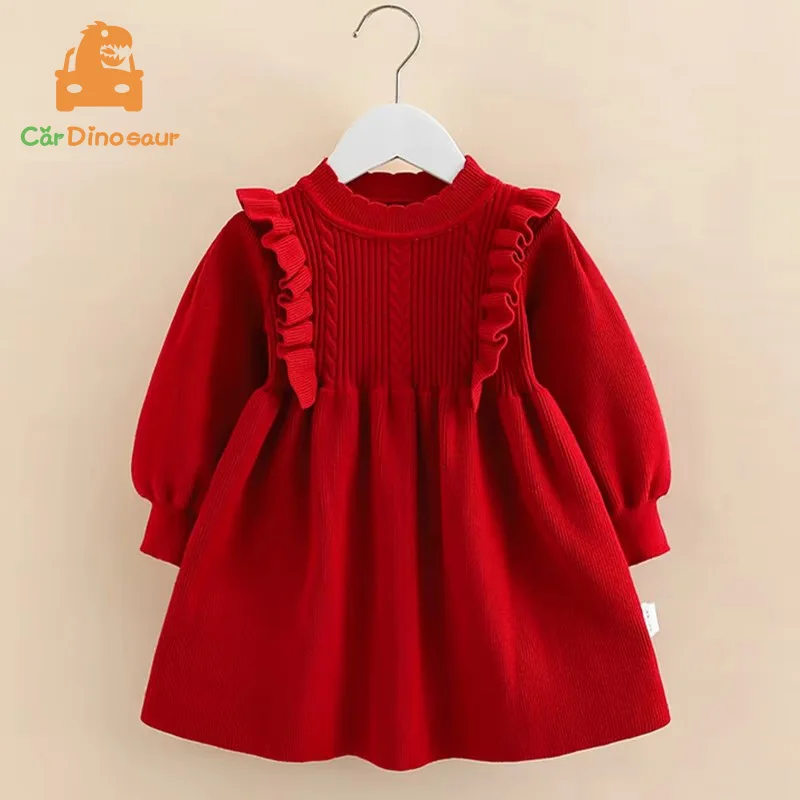 Winter 2 3 4 5 6 7 8 9 10 12 Years Children‘s Chirstmas New Year Thickening Princess Red Knitted Dress For Baby Kids Girls