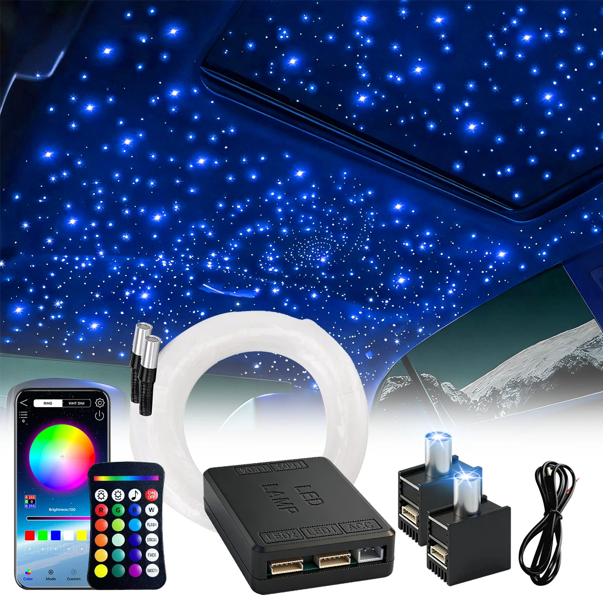 2026 Nieuwe RGBW DC12V 16W 1/2-Split Sterrenhemel Atmosfeerlicht APP Besturing Glasvezel Auto Sterrenhemel Plafond Dak Kits Interieur