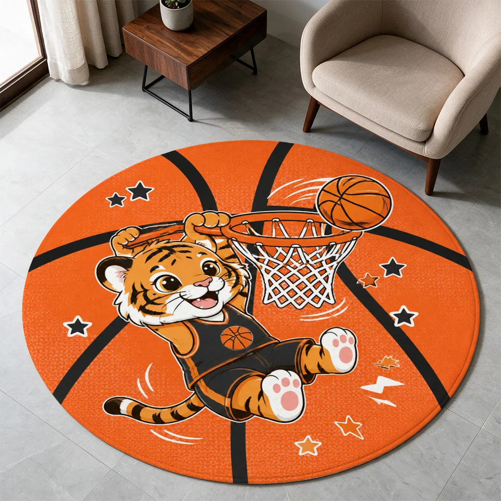 Cute Tiger Mascot Basketball Hoop Game Play Area Round Floor Mat for Kids Nursery Playroom Decor