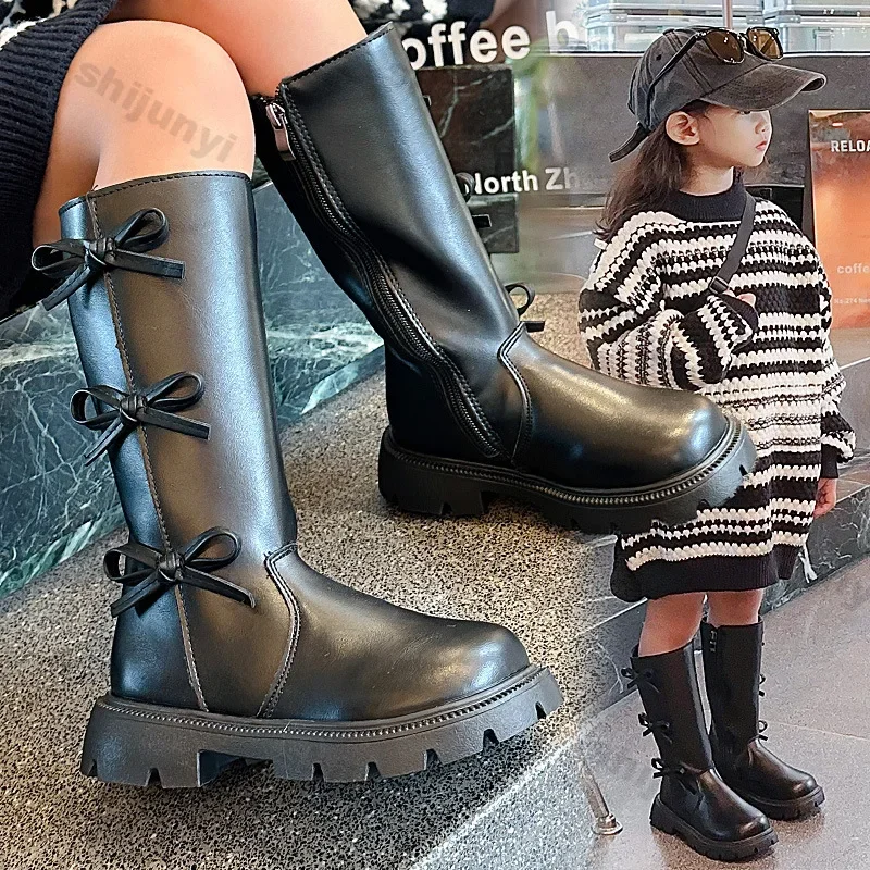 Children's Casual High Boots Autumn Winter Fashion Round Toe Zipper Girls Soft Princess Elegant Bows Soft Leather Warm Boots