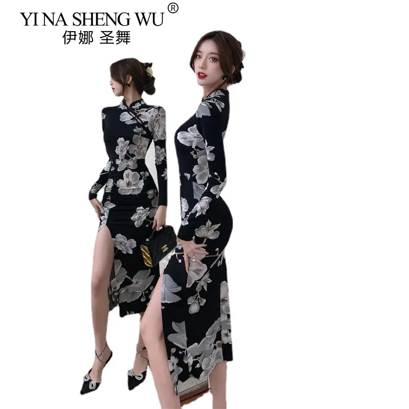 Autumn Retro Print New Improved Waist Pleat Slit Mid-length Cheongsam Dress Long Sleeve Dress Elegant Cheongsam Black Long Skirt