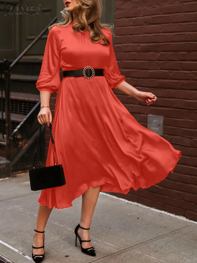 

Women Satin Party Dress Vintage Solid A-line Midi Dress ZANZEA 2024 Autumn NO Belted Robe Elegant 3/4 Lantern Sleeve Vestidos