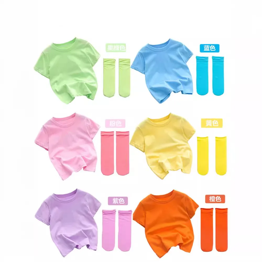 Children Day Candy Color Solid Short Sleeve T Shirt Shorts With Socks Cotton Kids School Graduation Class Uniform Summer Wear