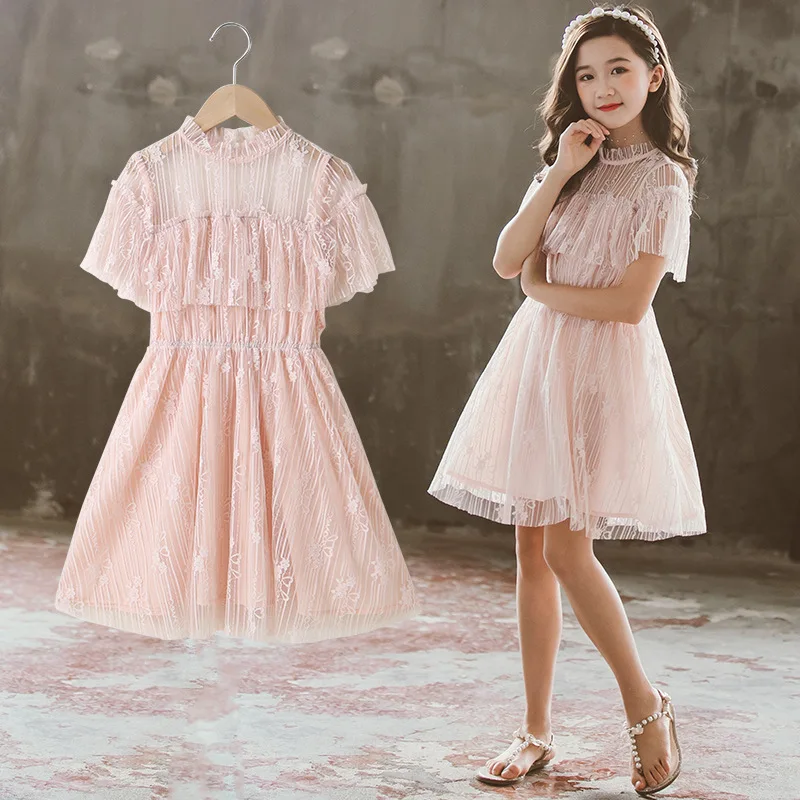 

2024 Korean Summer School Girl Lace Princess Dress Teenager Girl Pink Gauze Prom Dress Children Girl One-piece Dress Kids Dress