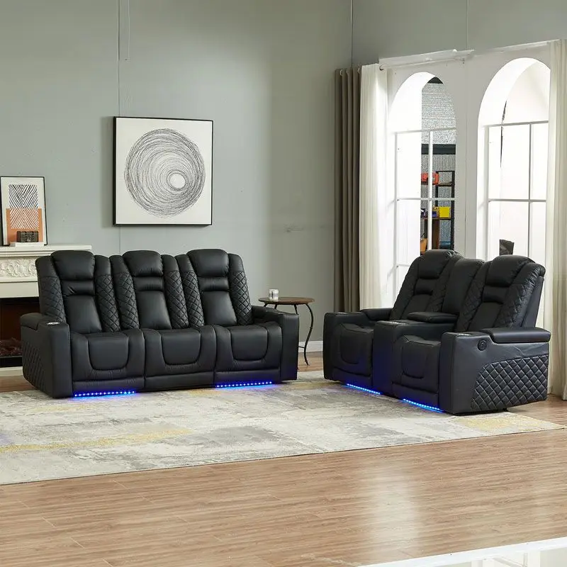 

The first layer of cowhide leather home theater sofa, the living room is lined up for three people, and the electric function of