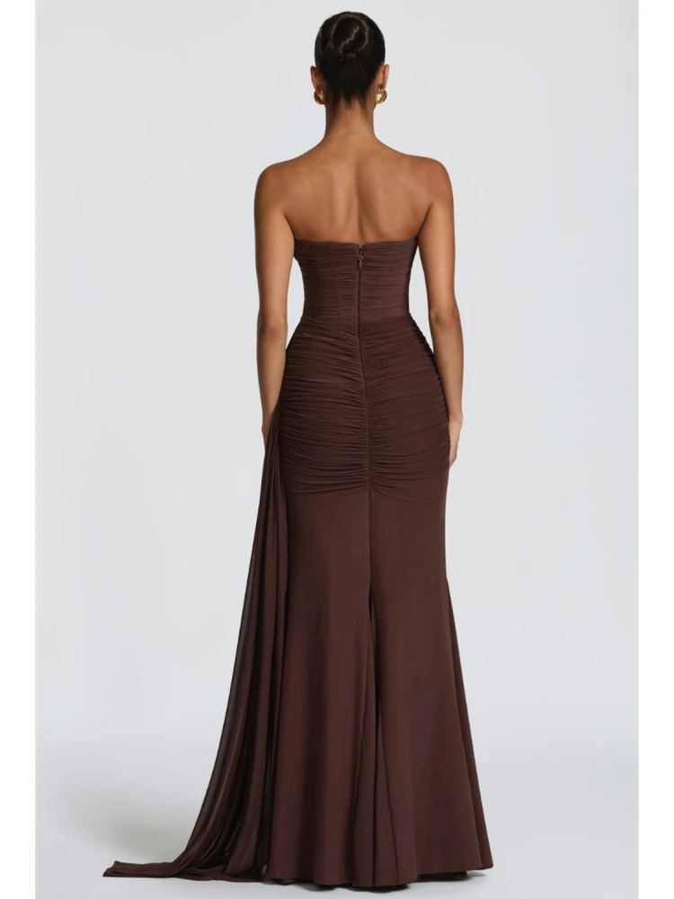 

Strapless Ruched Mermaid Evening Dresses Chocolate Brown Formal Prom Gown Maxi Dress with Draped Train For Women Cocktail Party