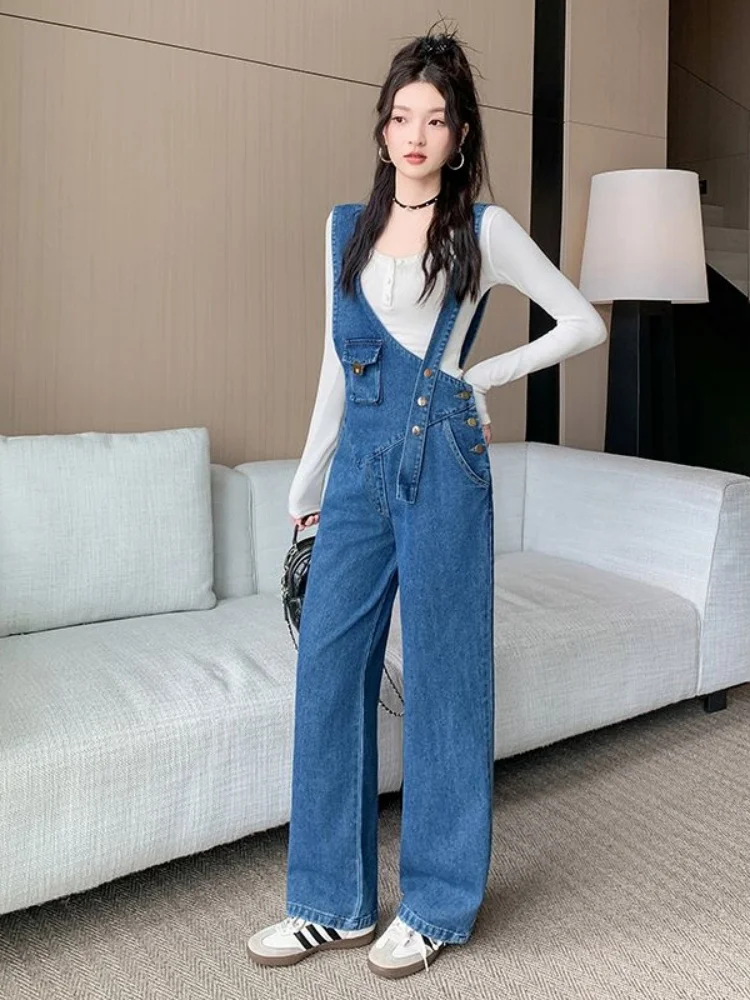 

SMTHMA Asymmetric Waist Denim Overalls Women's New Autumn Item Metal Buckle Wide Leg Pants