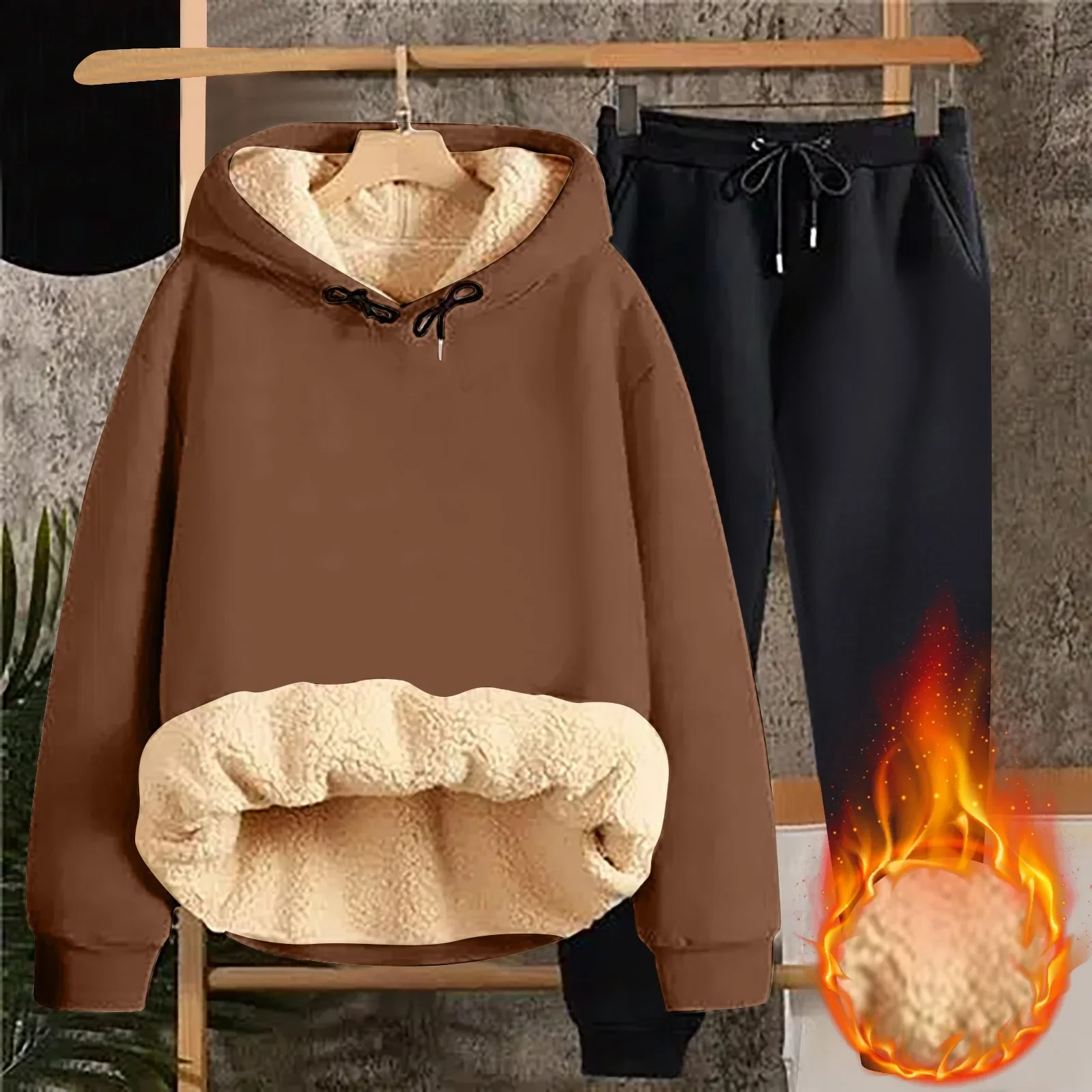 مجموعة سويت شيرت مخملي سميك من لحم الضأن للطلاب، سترة وسروال مبطنة بالصوف للخريف والشتاء، مجموعة كاملة