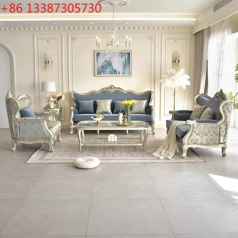 

French light luxury solid wood leather sofa European court carved American furniture