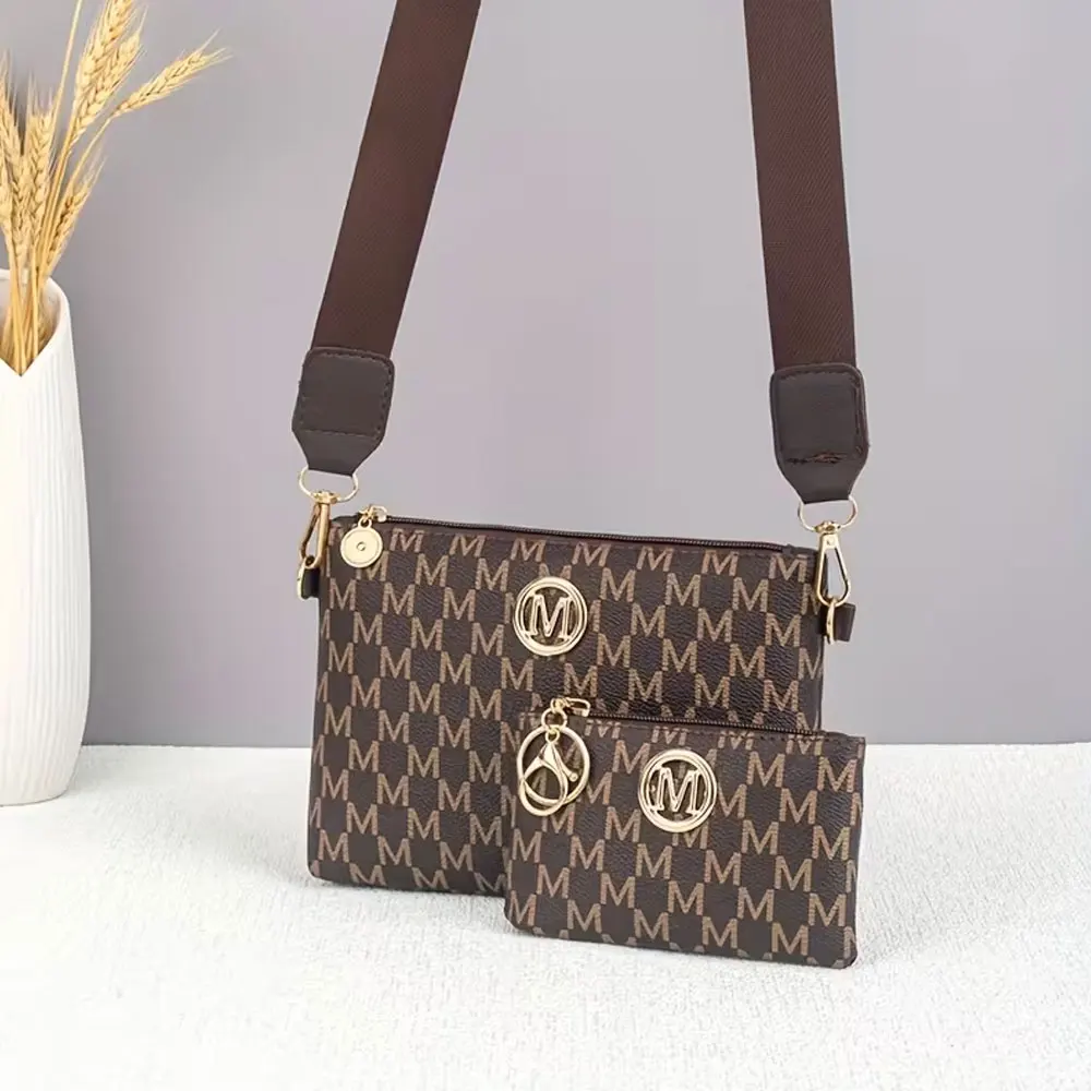 New Trendy Fashion Crossbody Bag Set of Two, Versatile Letter Hardware Decoration, Simple Solid Color Interchangeable Webbing, Multifunctional Casual Shoulder Bag, Suitable for Various Occasions and Travel