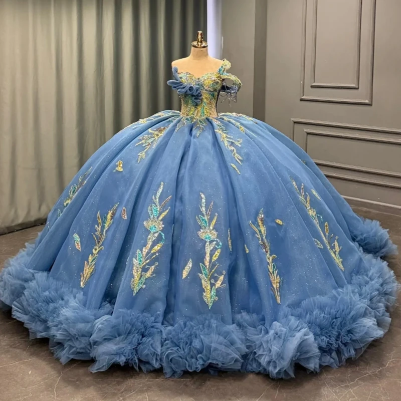 

Navy Blue Shiny Ball Gown Quinceanera Dresses Sequin Applique Lace Beading Tiered Tull Corset Off Shoulder Sweet 16 Dress vesti