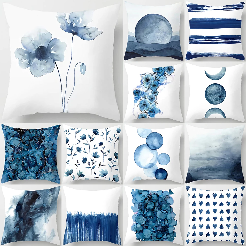 Blue Tone Art Print Square Cushion Cover Home Living Room Sofa Car Decoration Waist  Pillow