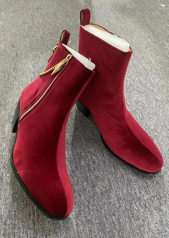 Men Suede Ankle Boots Gold Chain Black Red Velvet Pointed Toe High Heel Shoes Luxury Genuine Leather Side Zipper Chelsea Boots