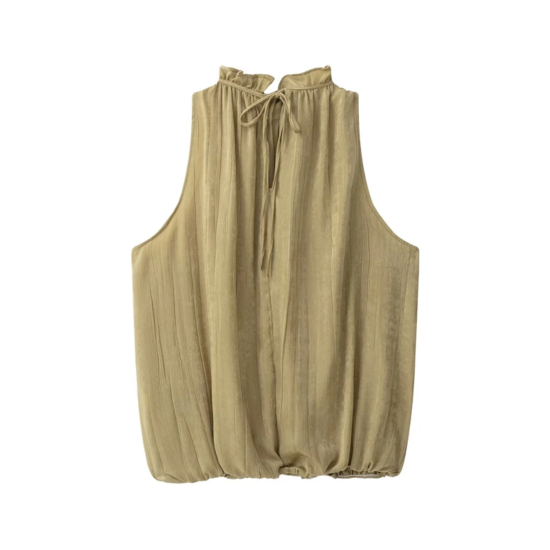 KEYANKETIAN 2026 Ladies Khaki Sleeveless Halter Tank Top Ruffle Neck Bead Decoration Crinkle Fabric Gathered Front Casual Blouse