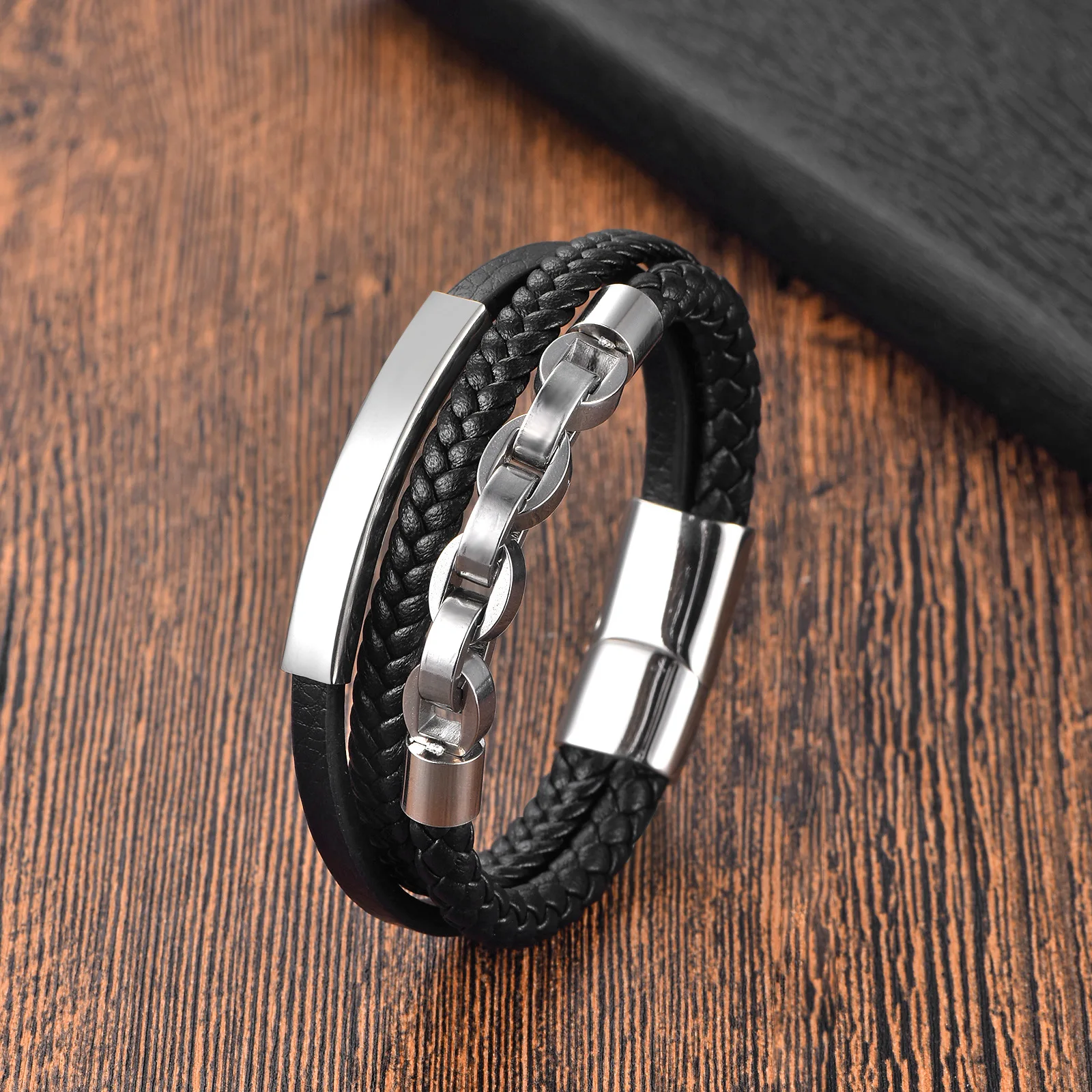 New multi-layer hand-woven leather bracelet for men and women with cowhide leather stainless steel chain bracelet