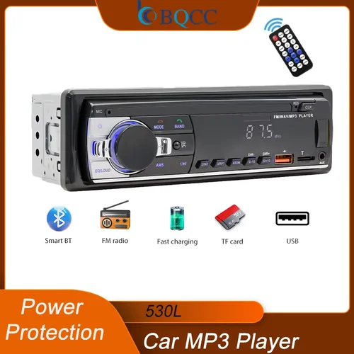 BQCC 530L 1 Din FM Radio de coche BT TF AUX USB tiempo de carga rápida disparo coche estéreo LED Control remoto reproductor de coche MP3