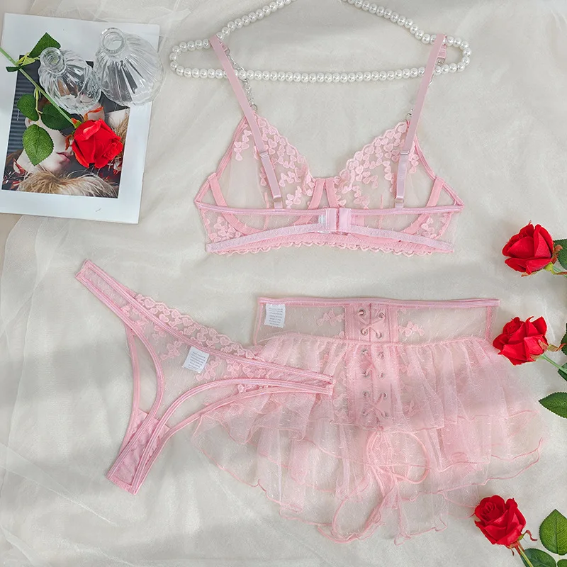 Sexy Pink Lace Embroidery Perspective Lingerie Set Women\'s Sweet Pure Desire Underwear Female See Through Bra Three Piece Suit