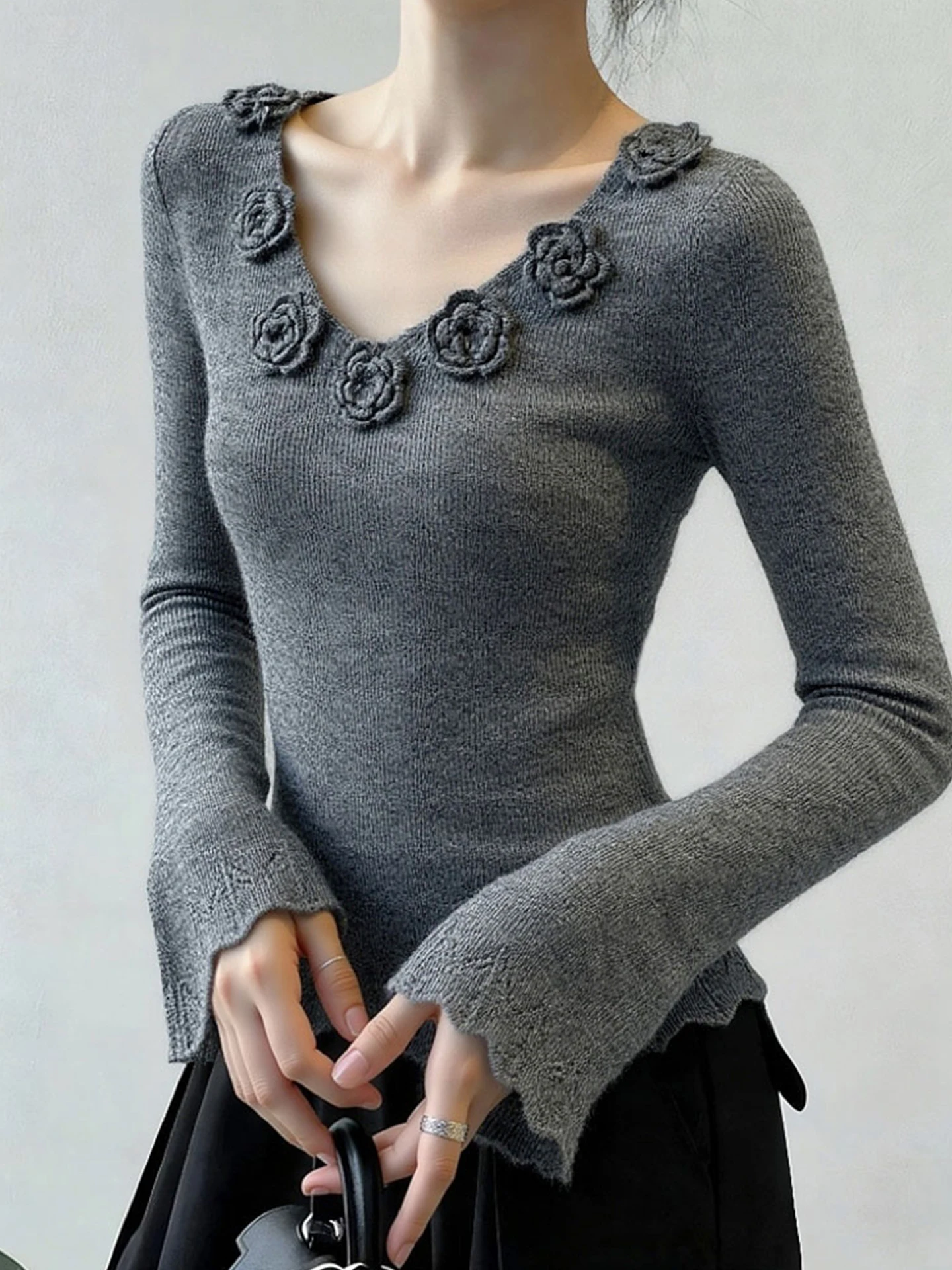 

Ele 3D Flower Camere Knitted Sweater Long Sve Slim Fit Women's Top Versatile Autumn Faion Poem Art Lin Commute Sle