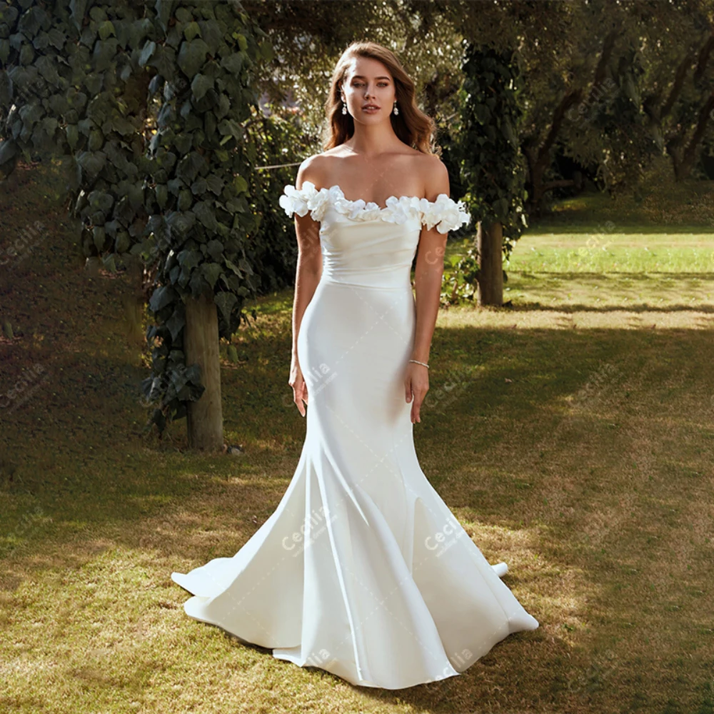 Elegante Brautkleider Satin Brautkleider von der Schulter scheide Meerjungfrau fegen Zug Roben für Bräute Vestidos de Novia 2024