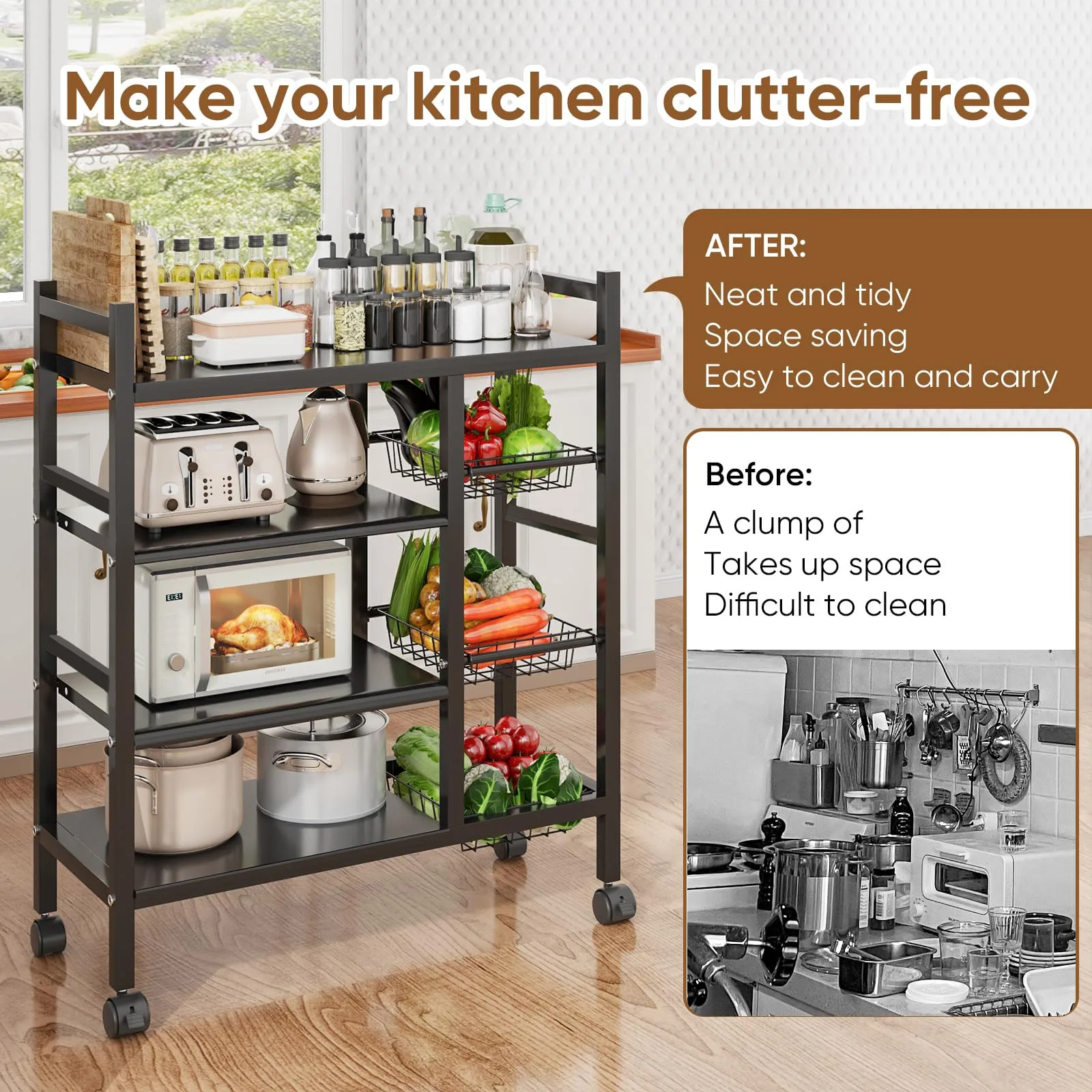 1 movable kitchen vegetable basket storage rack for kitchen storage and supplies storage, suitable for basic accessories in garages, kitchens, and home garages